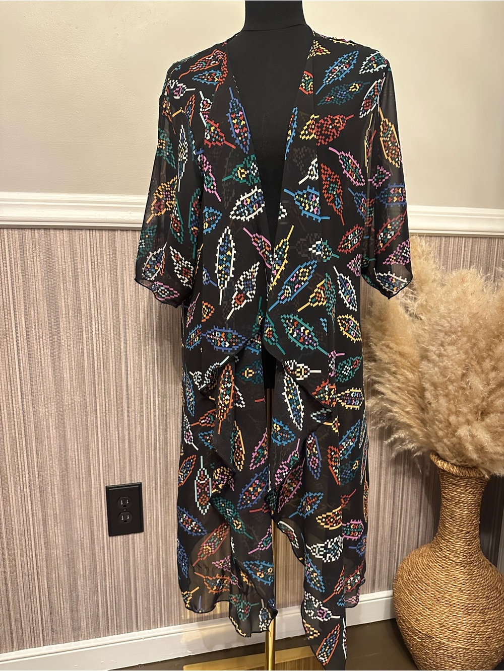 Boho Sheer Feather Print Kimono Duster Medium High Low Festival Cardigan